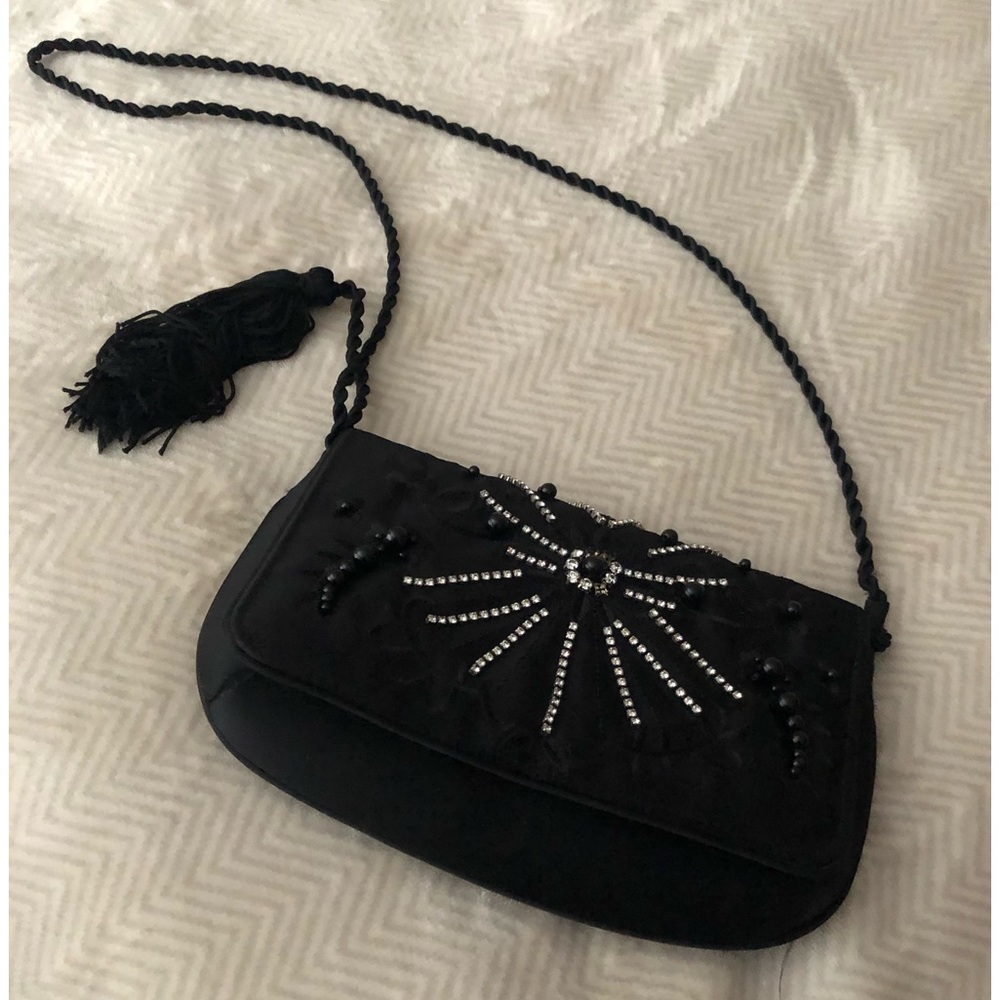 Black satin shoulder bag/clutch, rhinestones, beads, optional cord strap